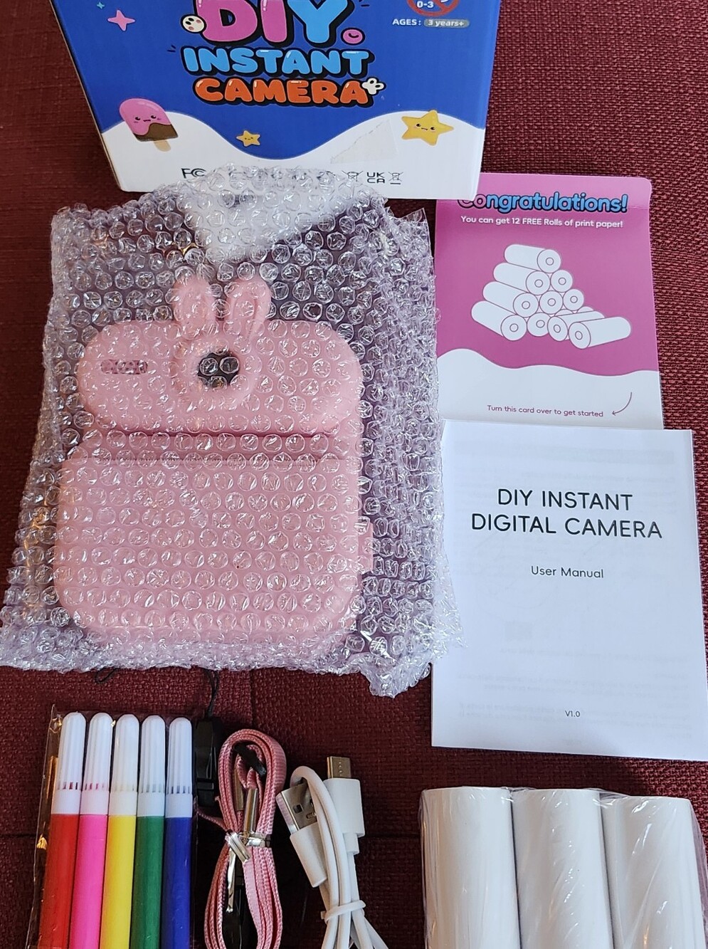 DIY Instant Digital Camera Kit Pink Bunny w/ USB Cable, Lanyard, 3 Paper Rolls